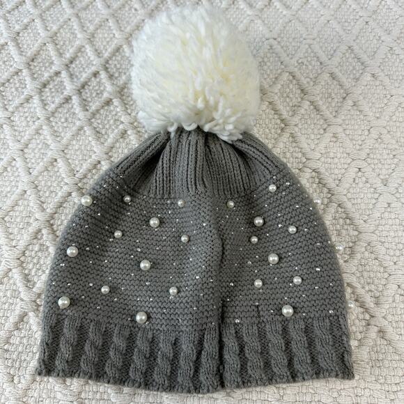 Capelli New York Gray Beanie Hat Pom Pom Pearl Rhinestone Embellished M/L - Picture 10 of 10